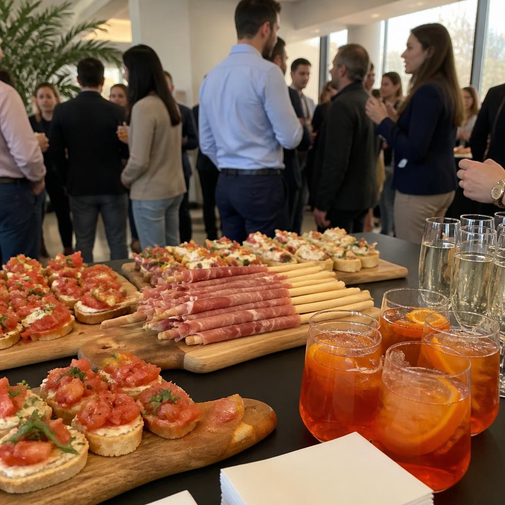 Aperitivo di networking con finger food serviti al vassoio
